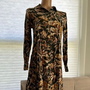 Floral Long Sleeve Shirt Dress - Dark Green